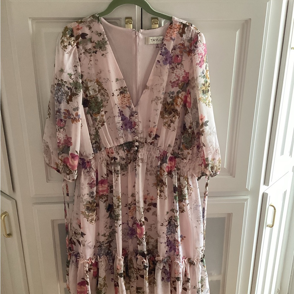 Taylor Pastel Floral Dress in Pink and Lavender with sheer sleeves